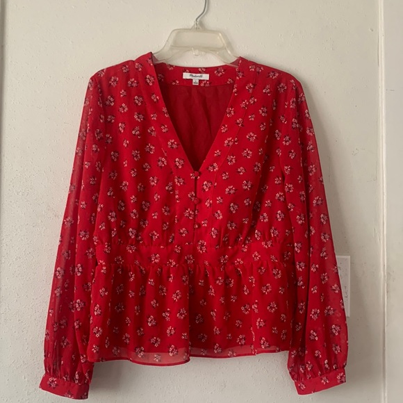 Madewell red long sleeve cropped blouse - Picture 1 of 4
